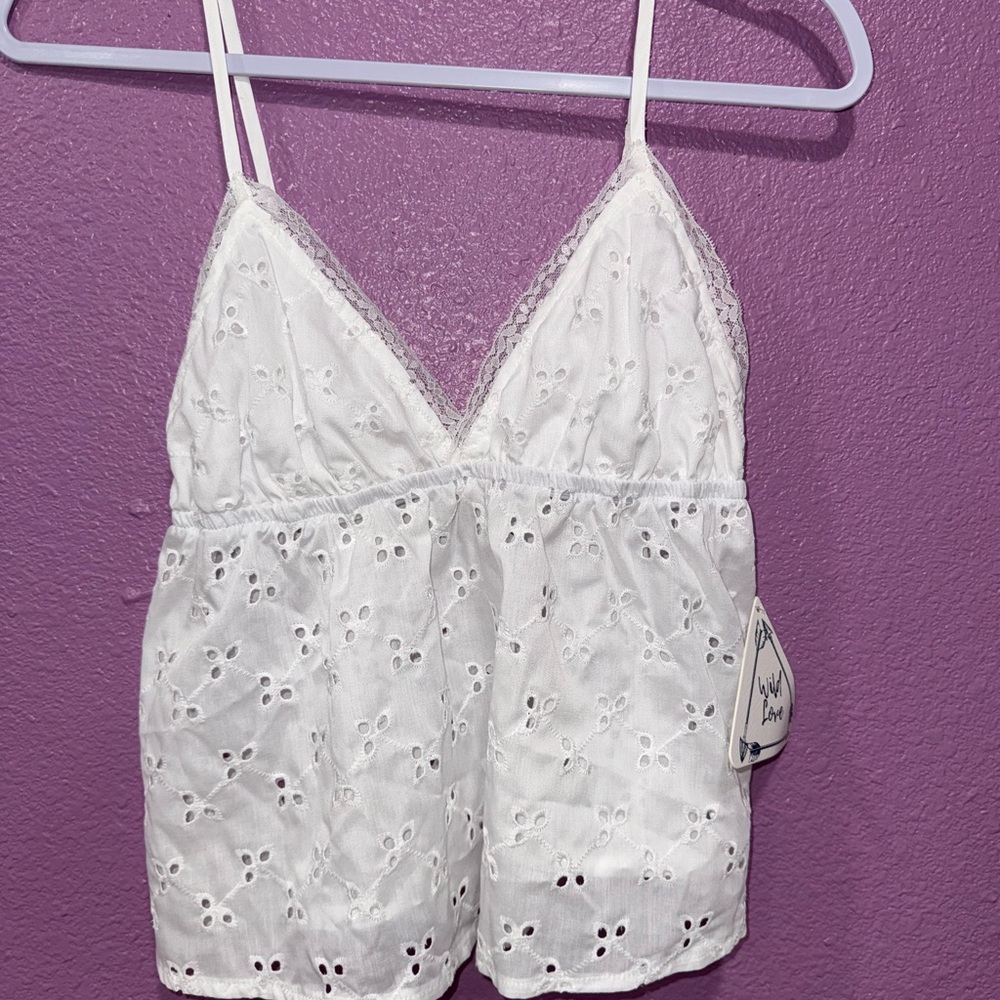 White Lace Trim Eyelet Cami Top